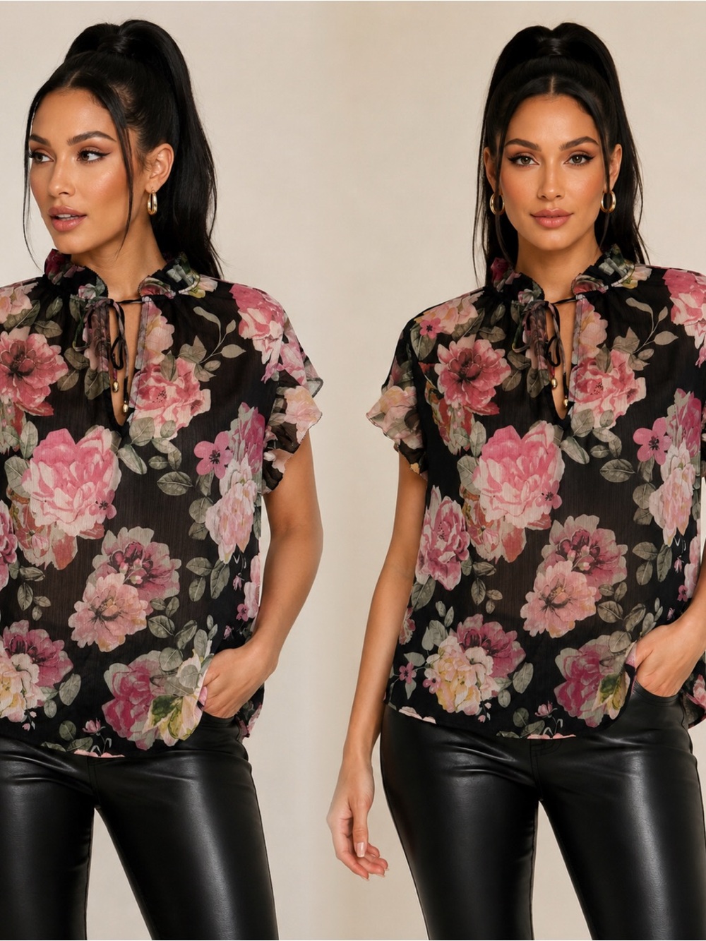Rachel Zoe Black Floral Ruffle Tie Neck Blouse
